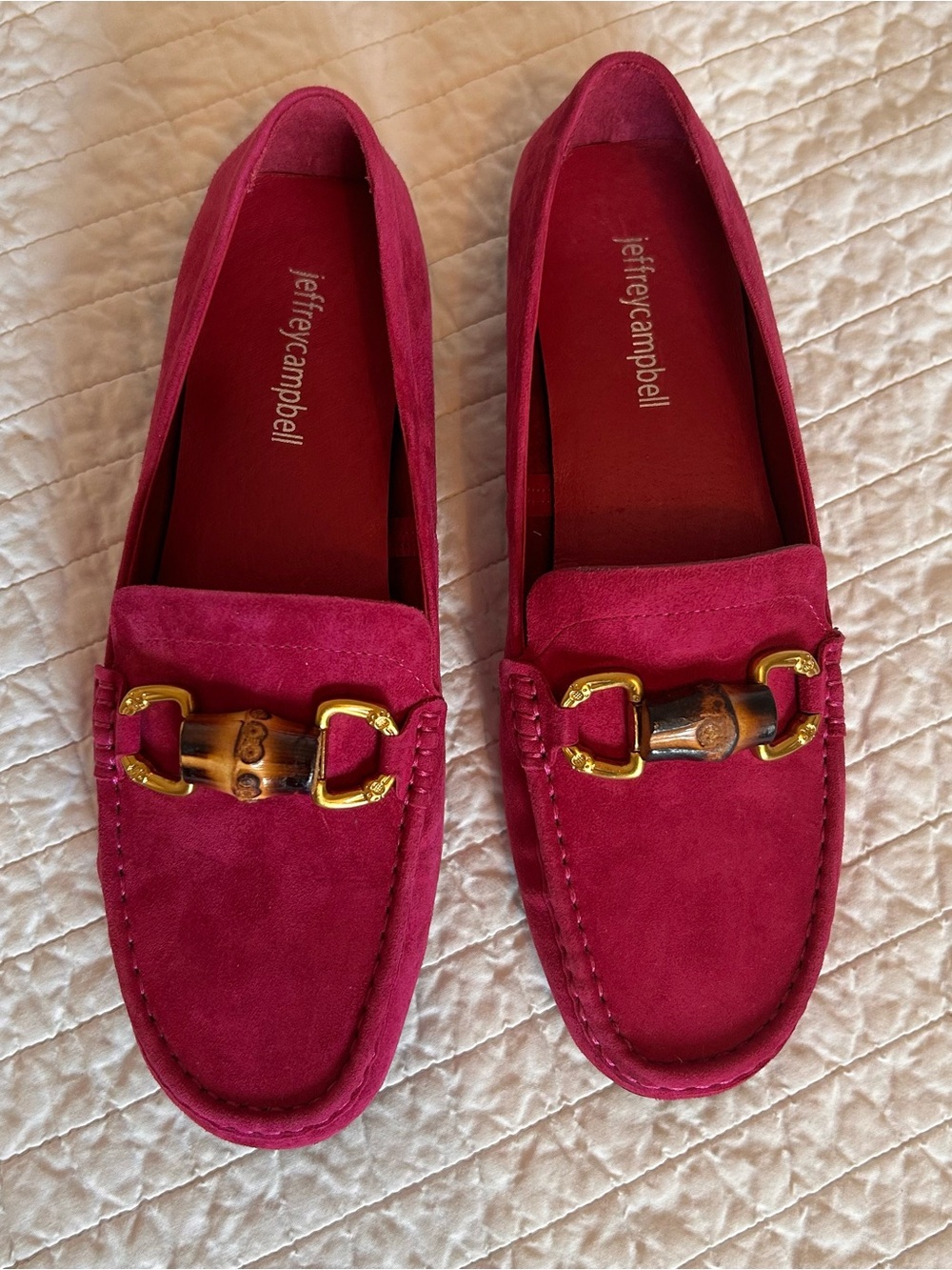 Jeffrey Campbell Apprentice Raspberry Suede Loafers with Gold Bamboo Accents